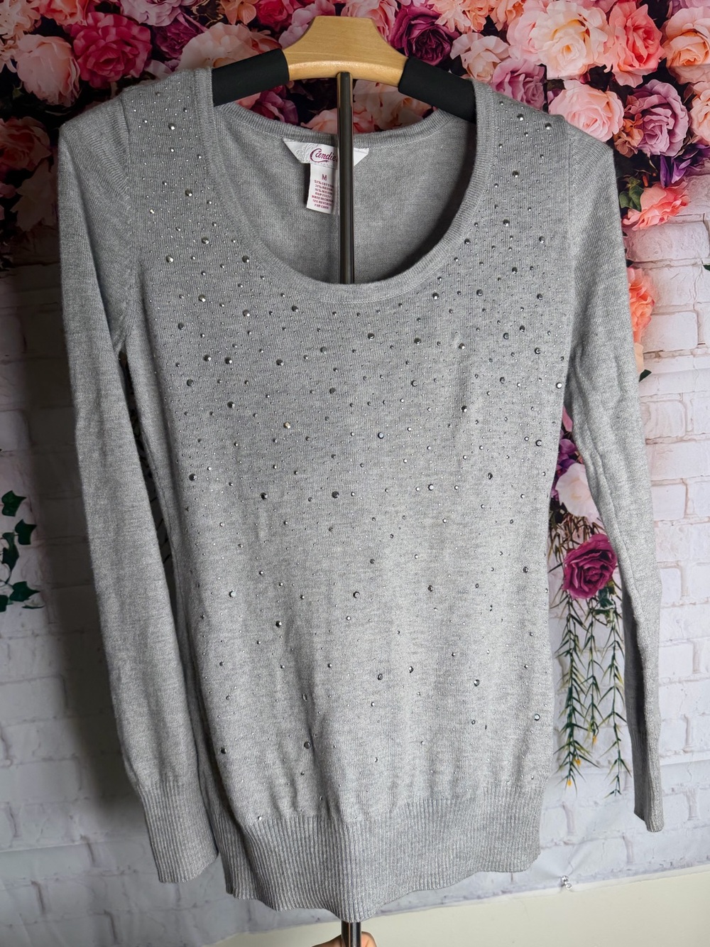 Candie's Light Gray Scoop Neck Sweater with Crystal Accents